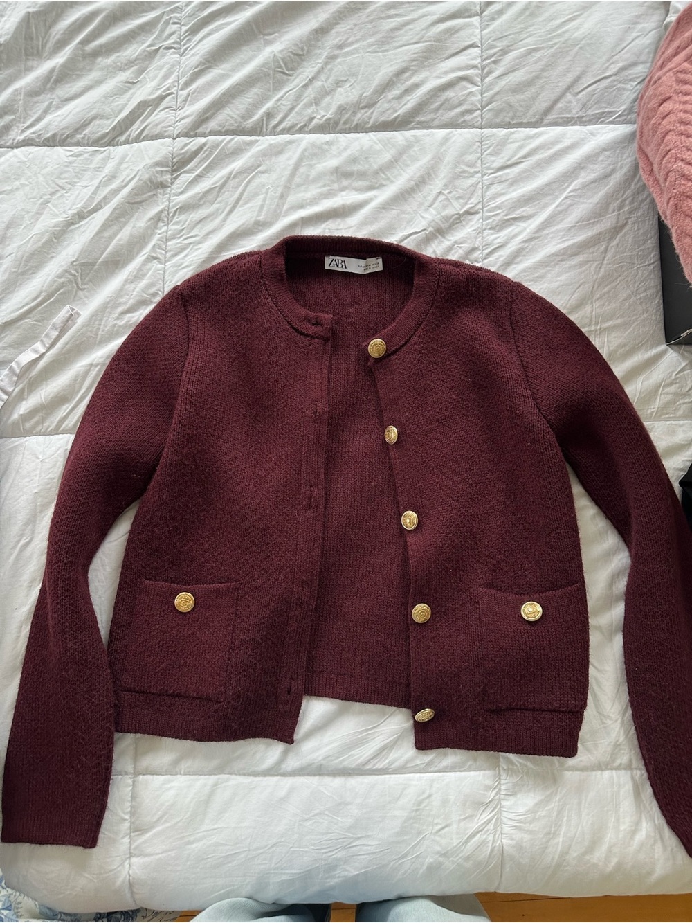 Zara Wine Burgundy Knit Button-Front Cardigan